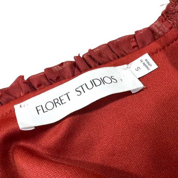 Floret Studios Polka Dot Ruffle Ruched V-Neck Mini Dress Marsala Red Size Small - Picture 9 of 11